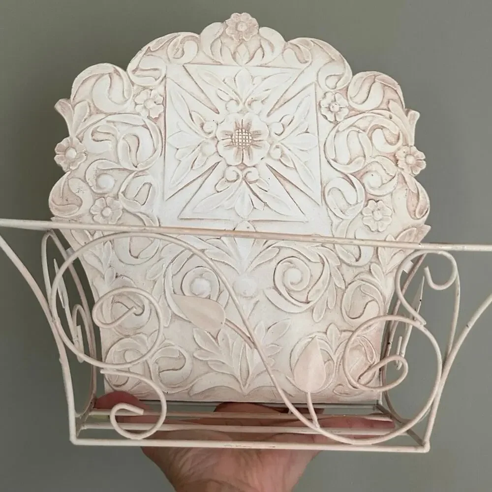 Vintage Metal Wall Mount plant holder Rack cream cottage decor French country